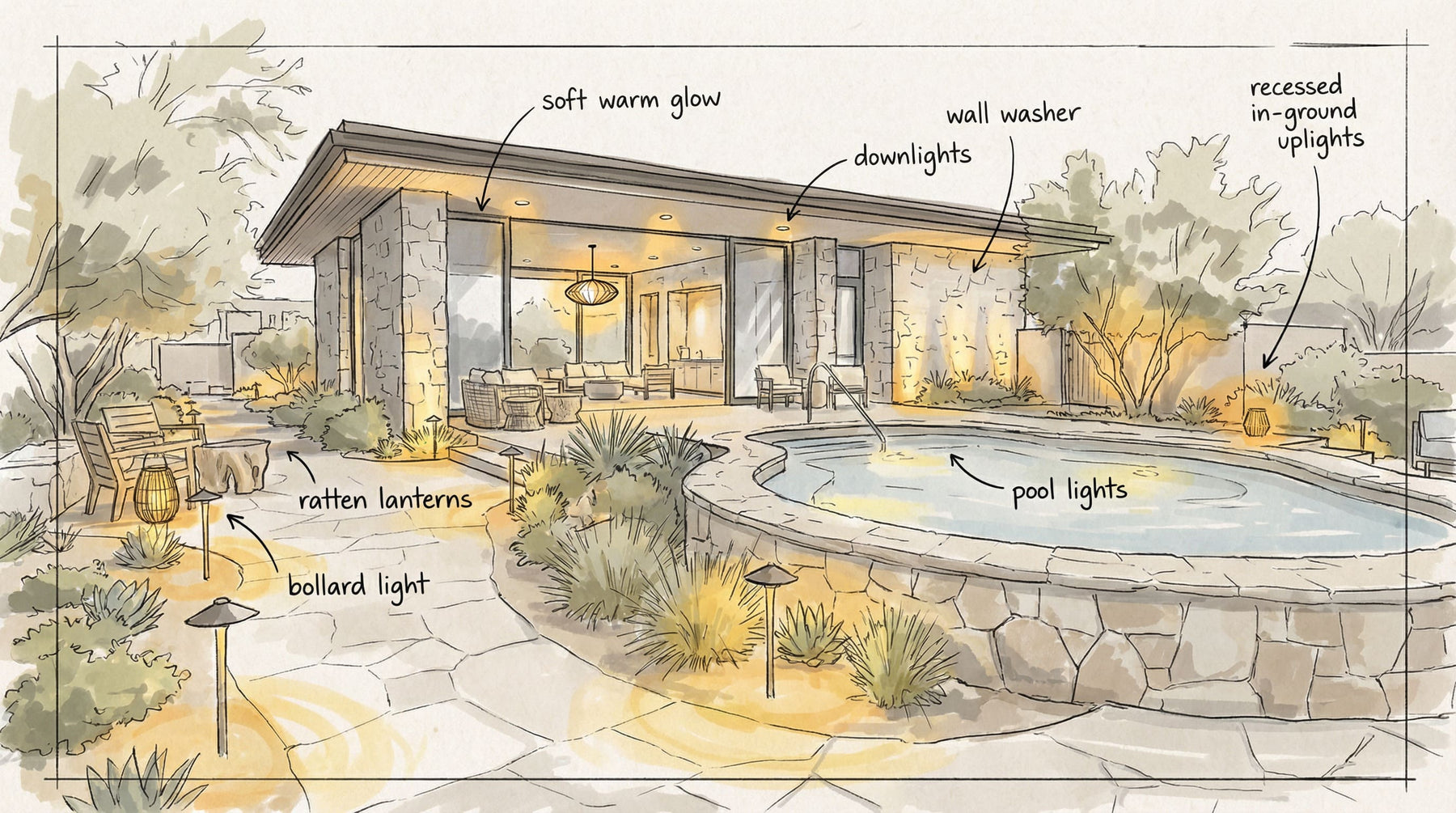 Commercial office exterior lighting view showing wall-mounted fixtures for pathways and building identity
