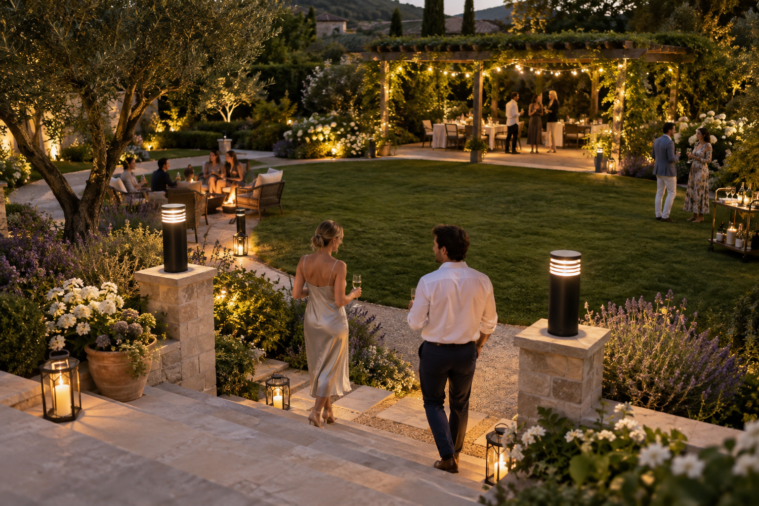 Garden lights around paths and an outdoor gathering