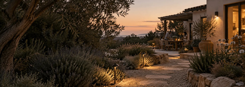 Layered garden lighting around a path and patio at dusk