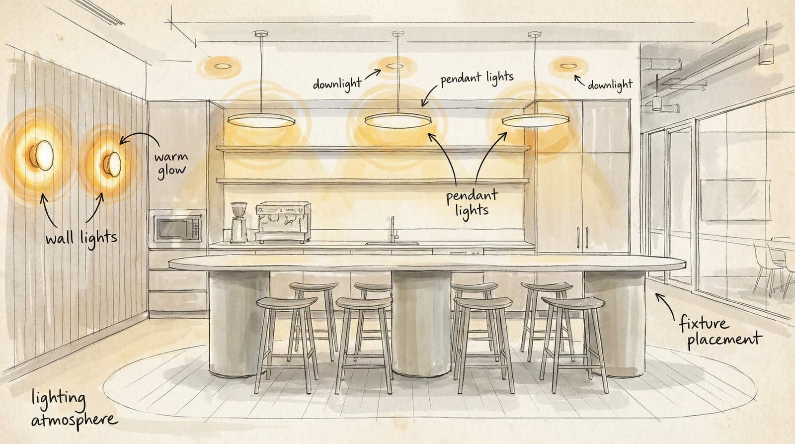 Modern round pendant in a small meeting room, helping judge table coverage and ceiling height