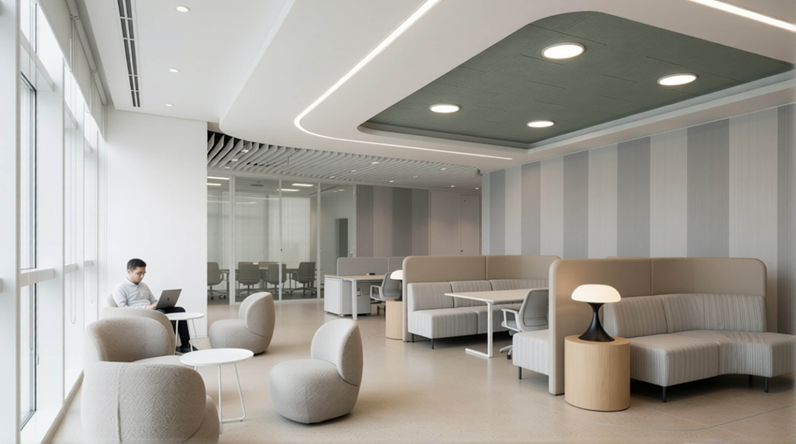 Circular pendant detail for a compact office room, showing balanced light without crowding the ceiling