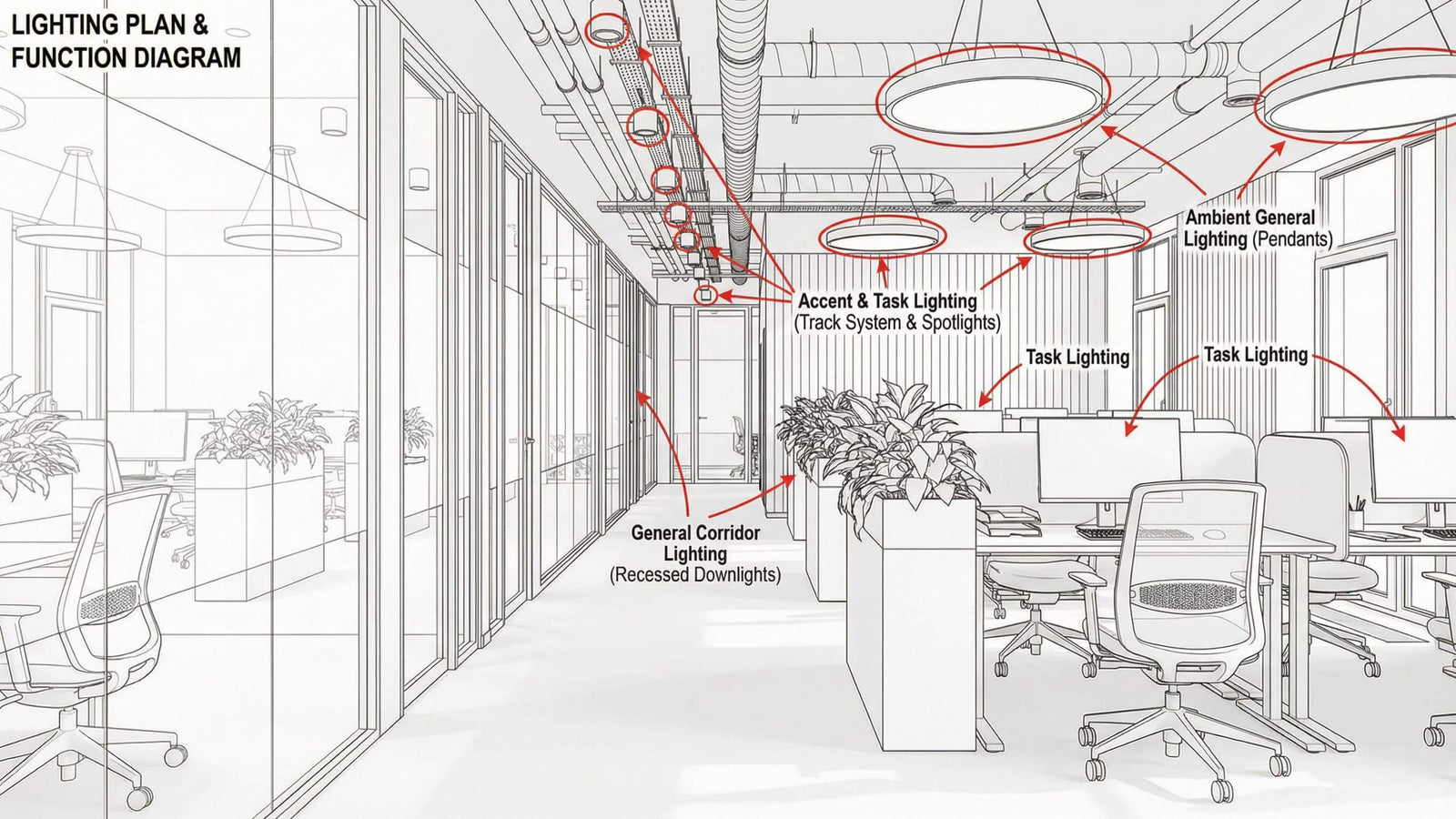 Round LED pendant above a small conference table, helping evaluate overhead comfort and visual focus