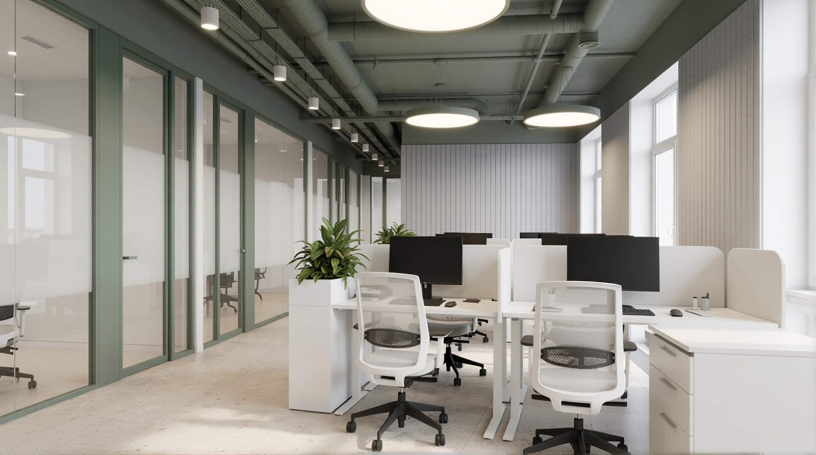 Compact office meeting area with circular pendant light, showing clean illumination for collaborative work