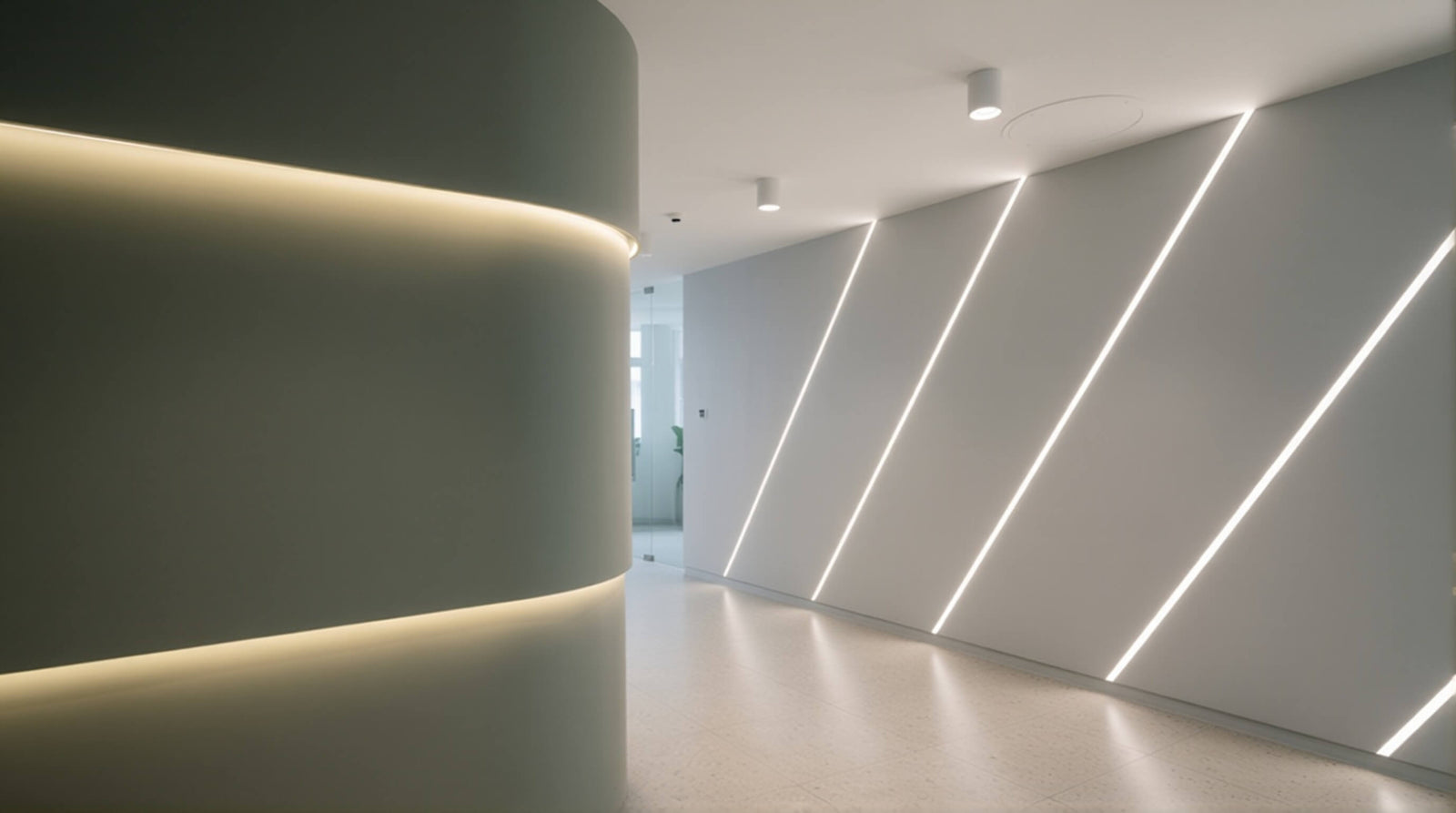 Circular pendant light scene for small offices, showing proportion between ceiling, table, and seating