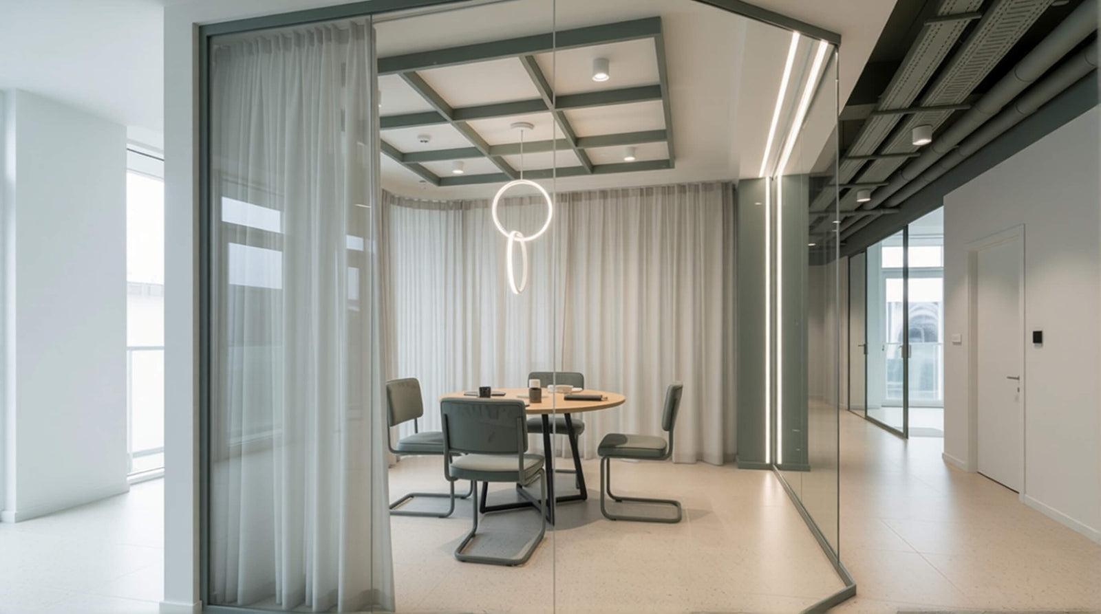 Small meeting room lighting angle showing pendant alignment with the table centerline