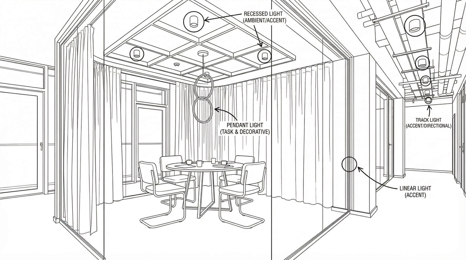 Round pendant fixture over compact seating, helping compare visual weight and usable head clearance