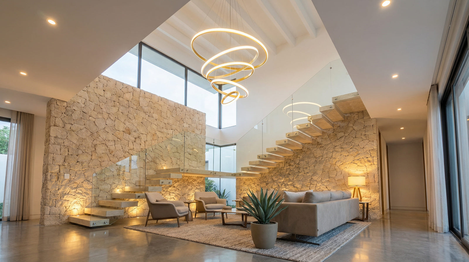 Covered outdoor seating project with warm lighting, showing scale for residential entertainment areas