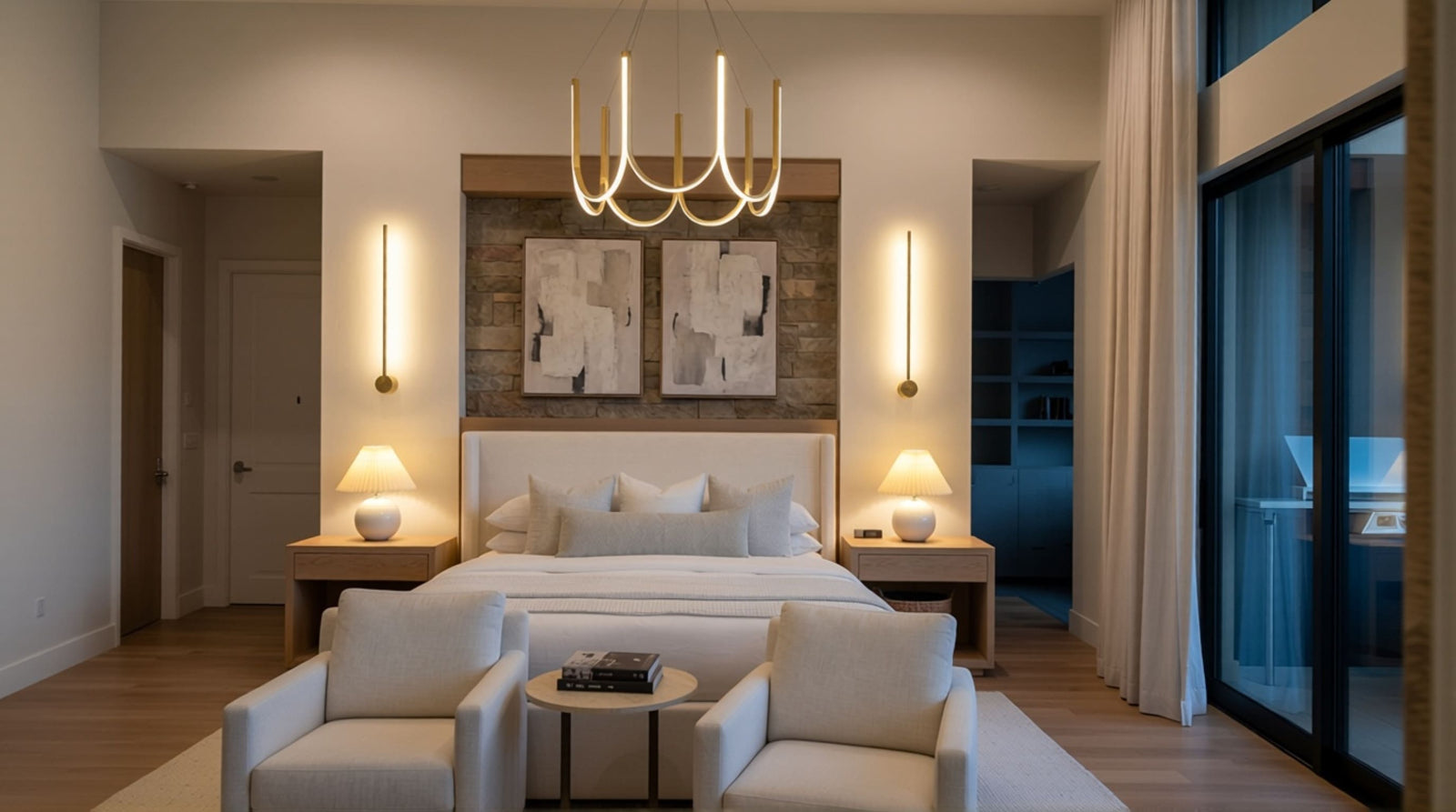 Residential outdoor fireplace scene showing layered lighting for evening entertaining and pathway clarity