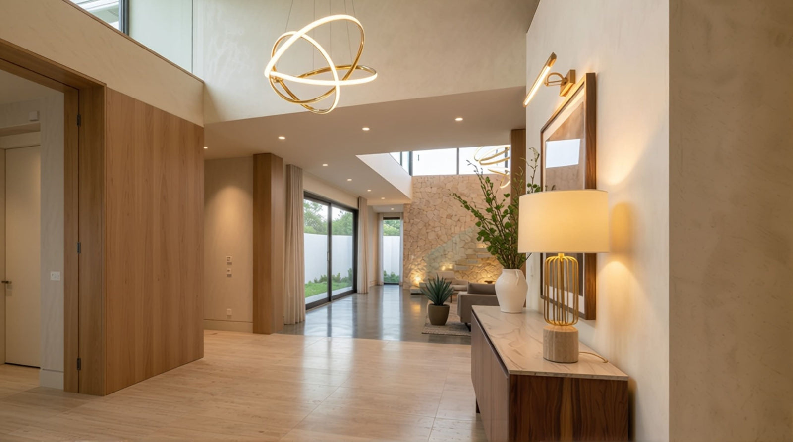 Patio fireplace lighting detail showing how wall, ceiling, and landscape light define the gathering zone