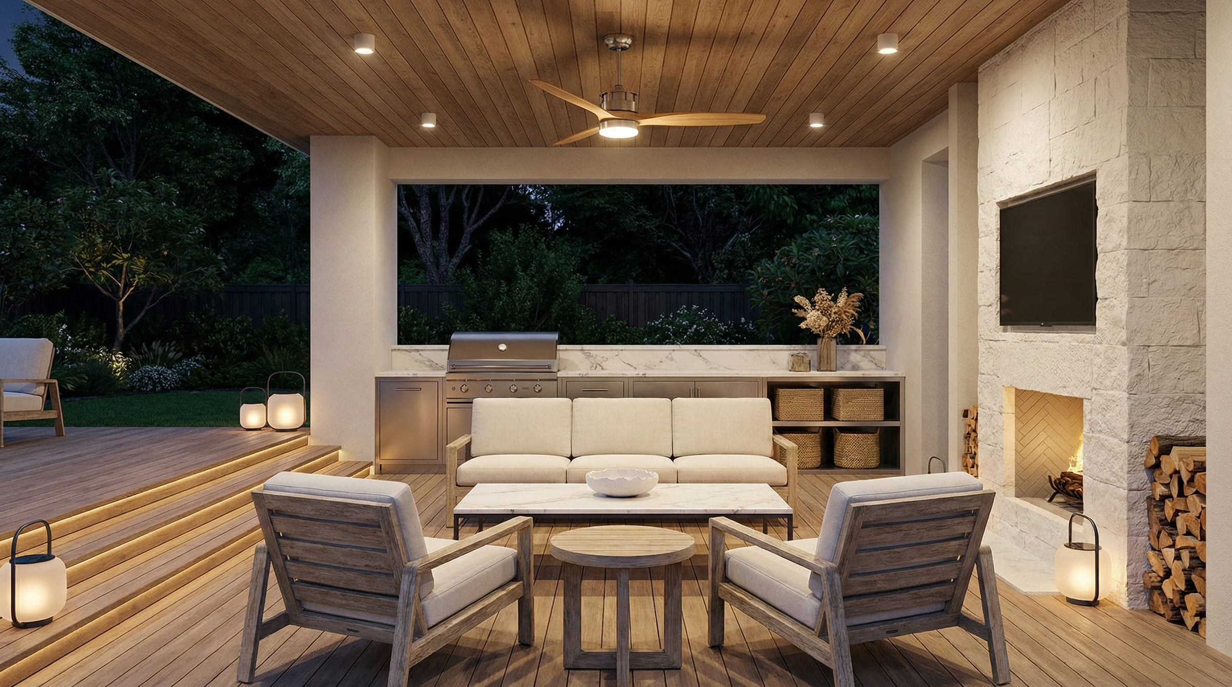  Patio lighting project close view showing warm glow on walls, ceiling, and seating surfaces