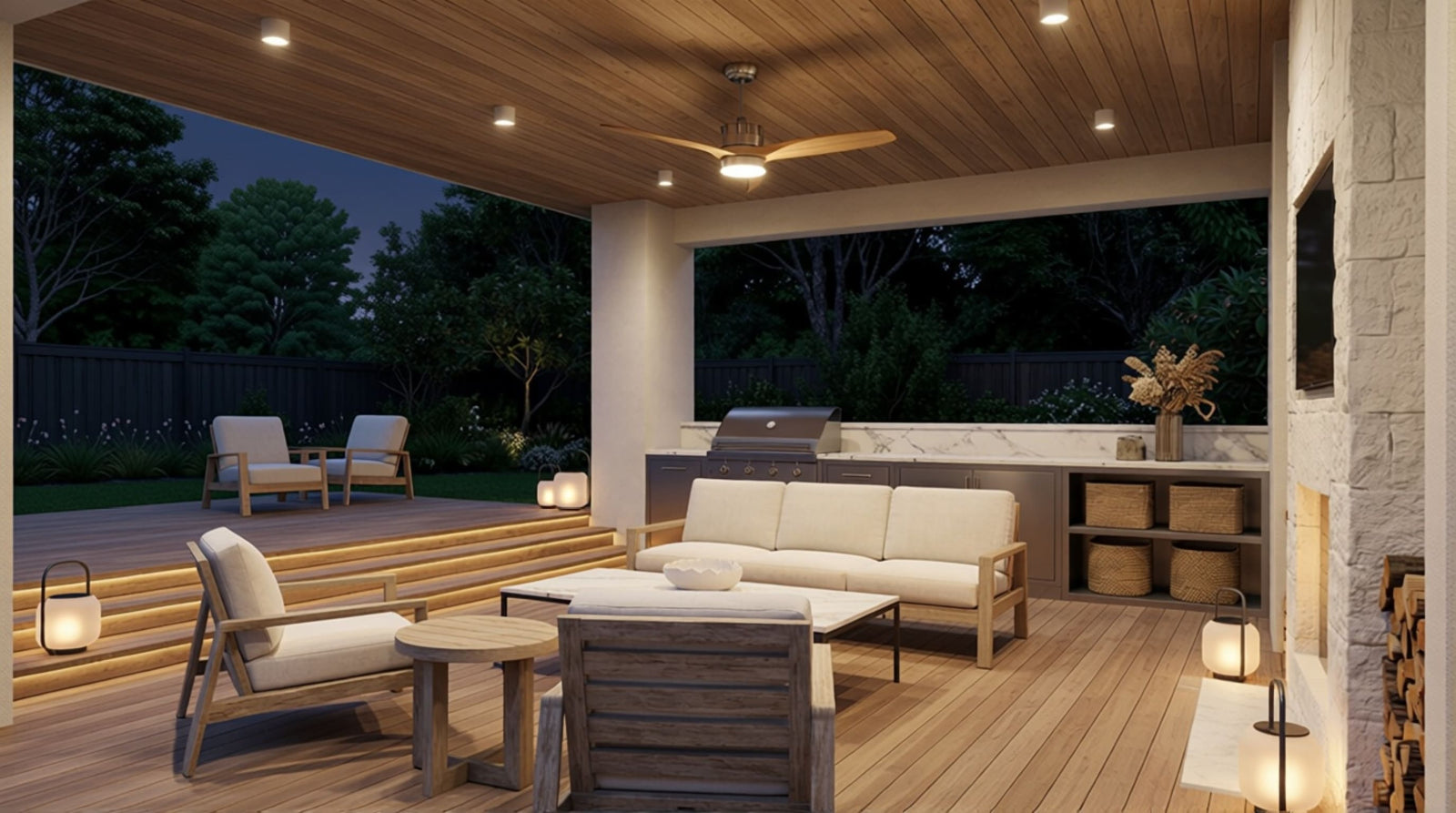 Covered patio night view showing balanced light for seating, architecture, and landscape edges