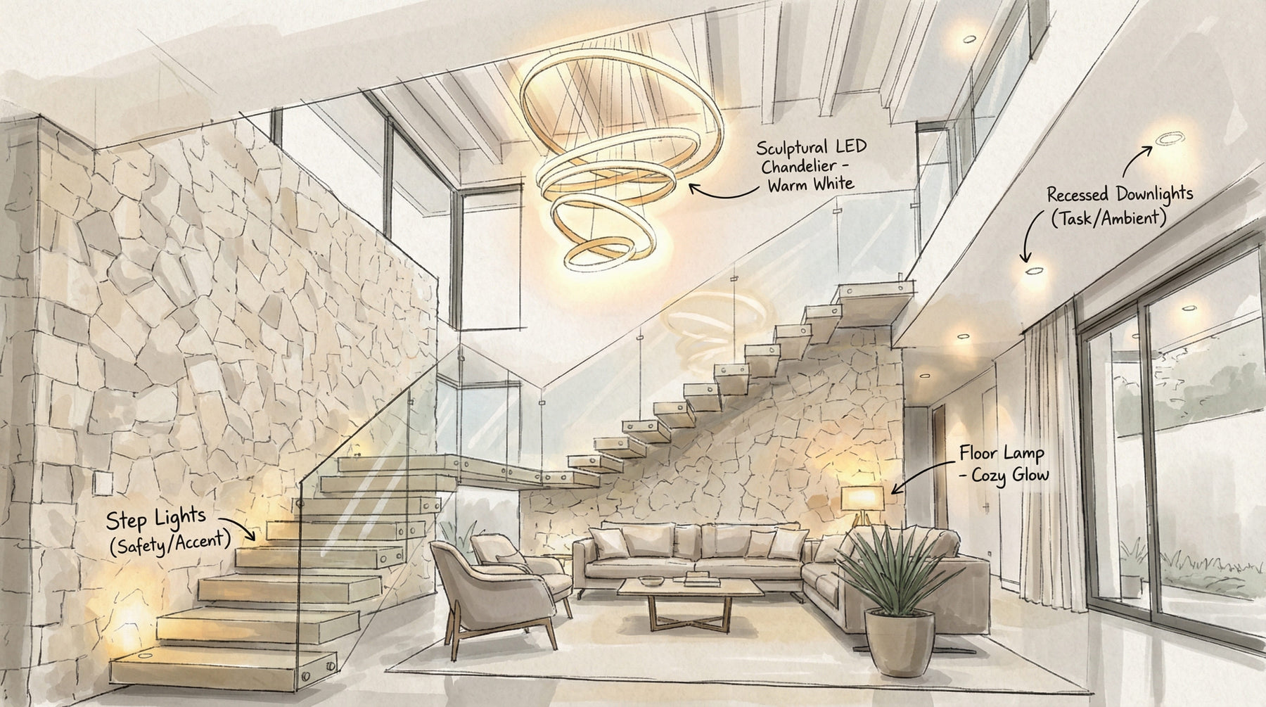 Residential outdoor living area with fireplace, helping judge light placement around seating and circulation