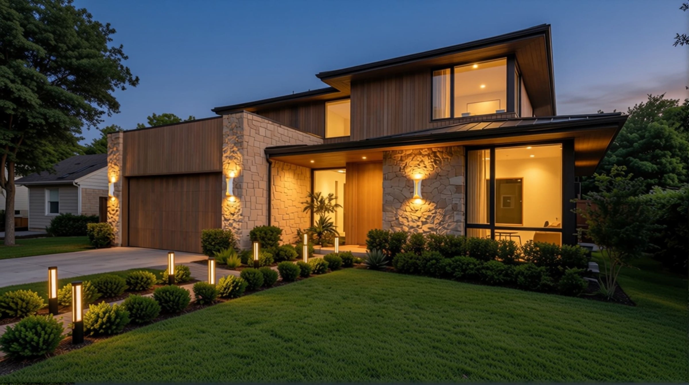Modern residential patio with layered lighting, showing visibility around furniture, walls, and fire feature