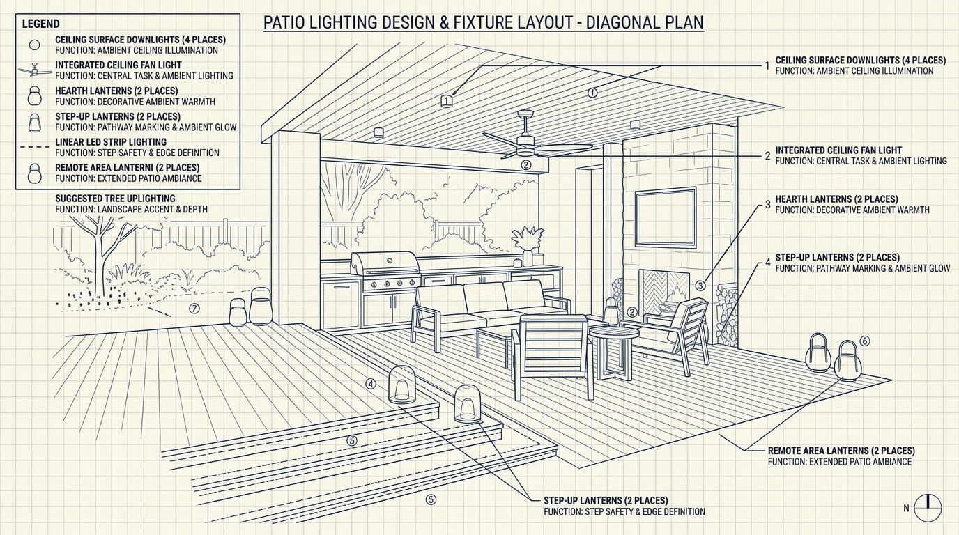 Outdoor living space lighting image showing fireplace focus with surrounding circulation light
