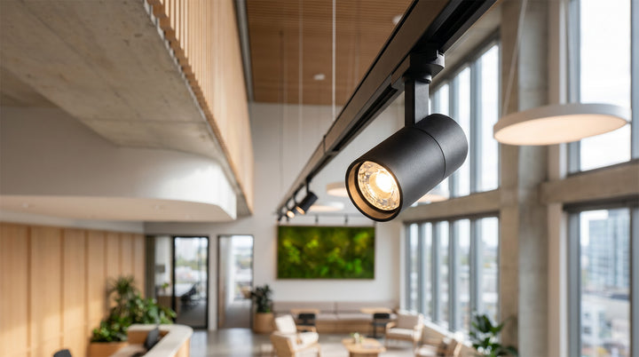 Minimalist surface mounted spot light installed on ceiling to highlight wall art in modern interior space.