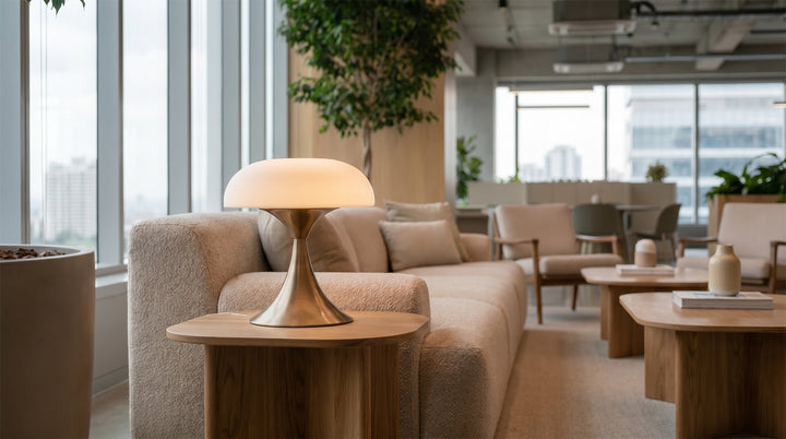 Retro style table lamps on a wooden desk, enhancing the workspace with a blend of modern and vintage aesthetics.