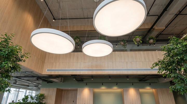 Conference room featuring minimalist round pendant lights suspended above a long meeting table.