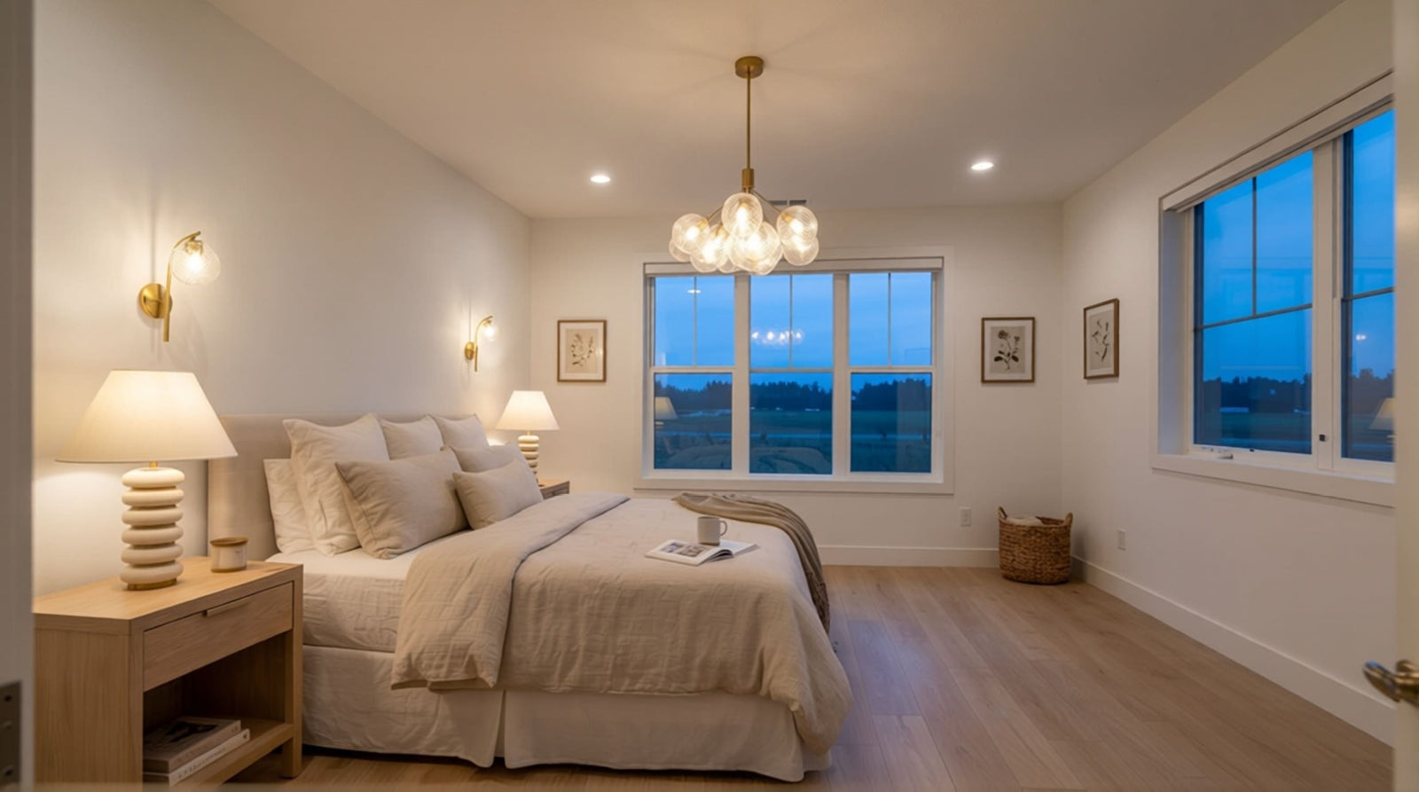 Minimalist warm white master suite showing integrated accent light layers from a modern glass chandelier and sleek bedroom lamps.