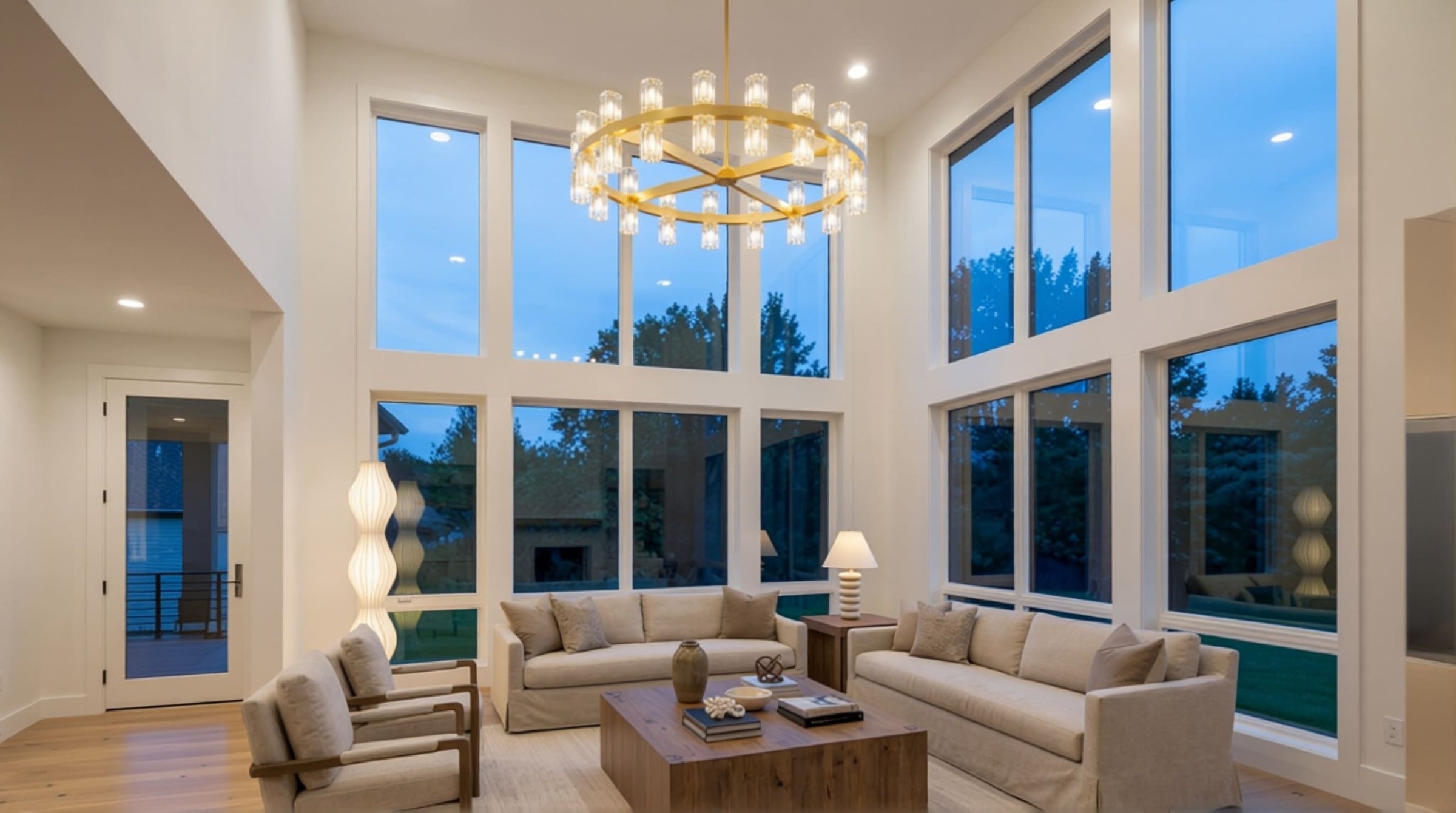 Elegant double-height living room with massive glass windows and a grand modern gold ring fixture from our luxury chandeliers collection.