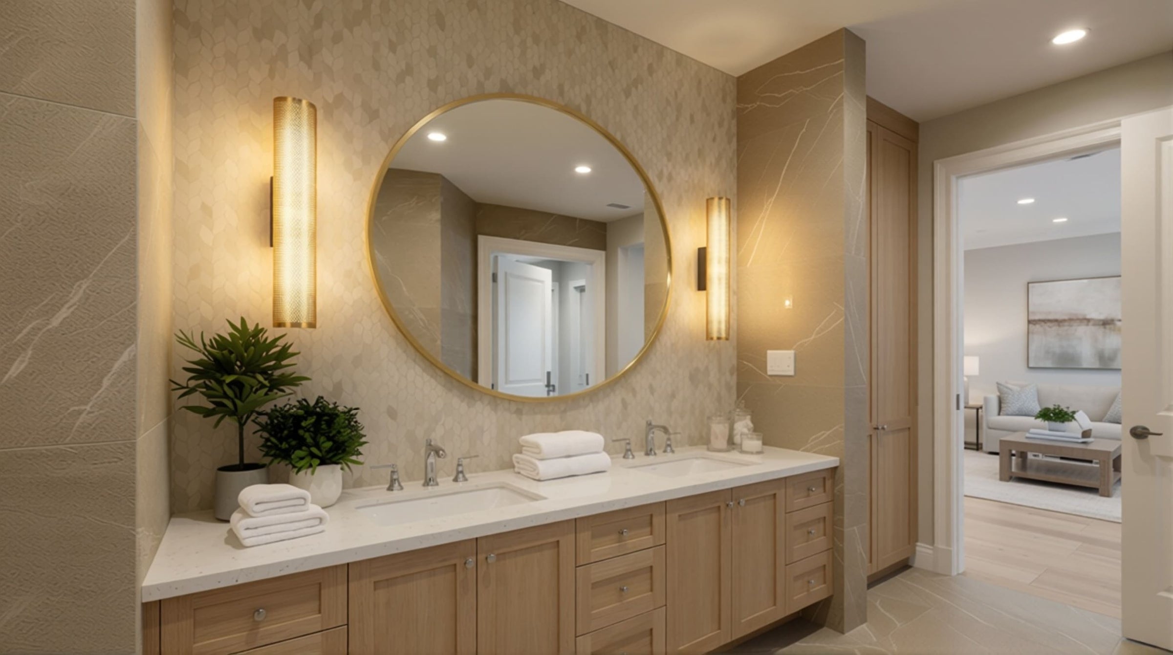 Elegant double vanity vanity featuring modern bathroom lighting with two golden vertical wall sconces framing a large round mirror.