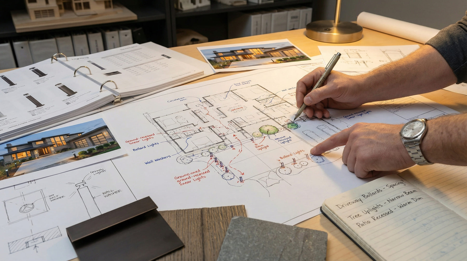 Lighting designer drawing a comprehensive residential lighting plan on an architectural blueprint blueprint template.