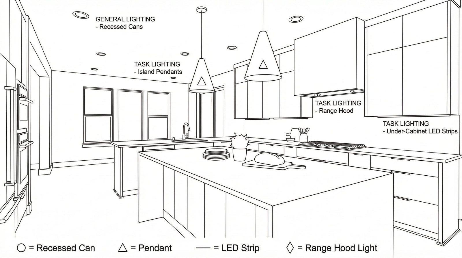Comprehensive kitchen lighting layout diagram illustrating layered illumination with island pendants, recessed cans, and under-cabinet LED strips.