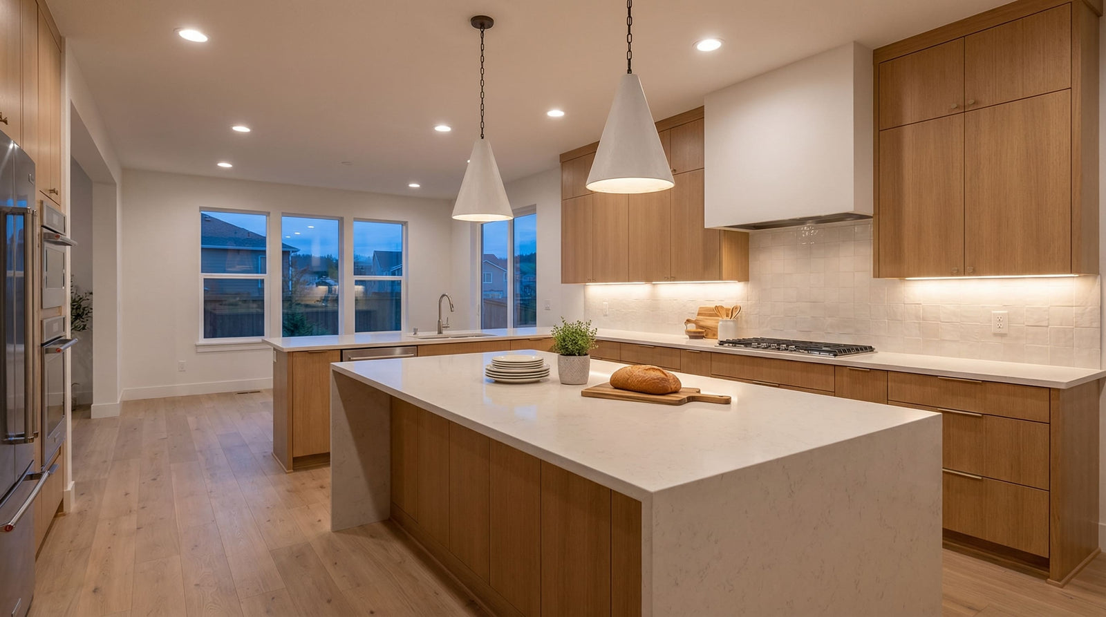 Bright modern space featuring warm wood cabinets and warm under-cabinet LED strips from our kitchen lighting collection.
