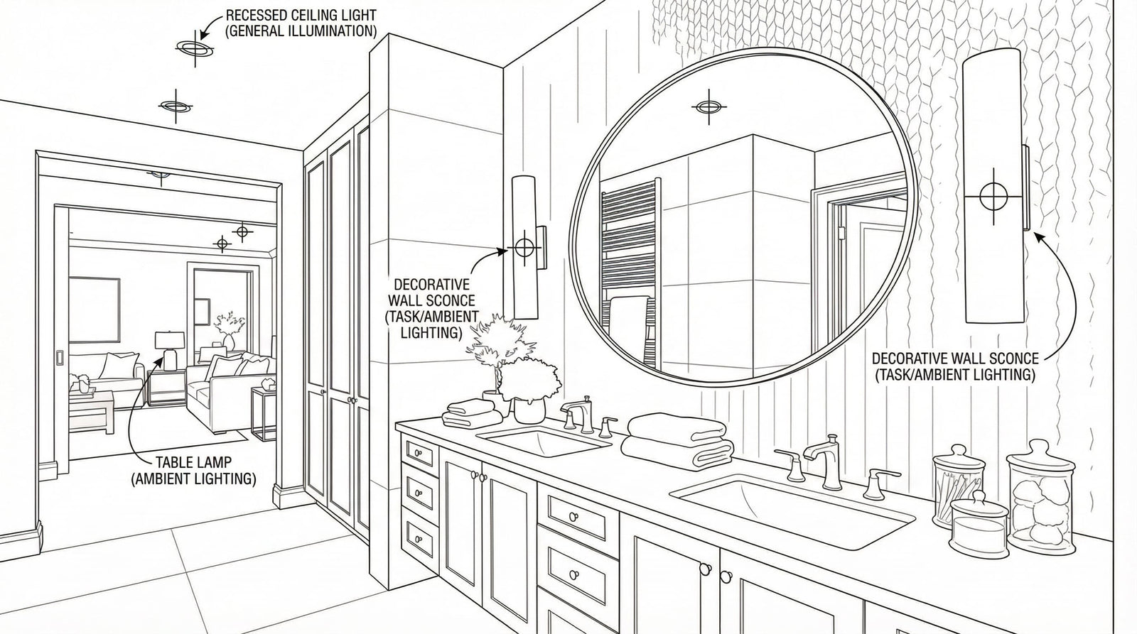 Detailed bathroom lighting layout diagram showcasing the placement of decorative wall sconces and recessed ceiling lights over a double vanity.