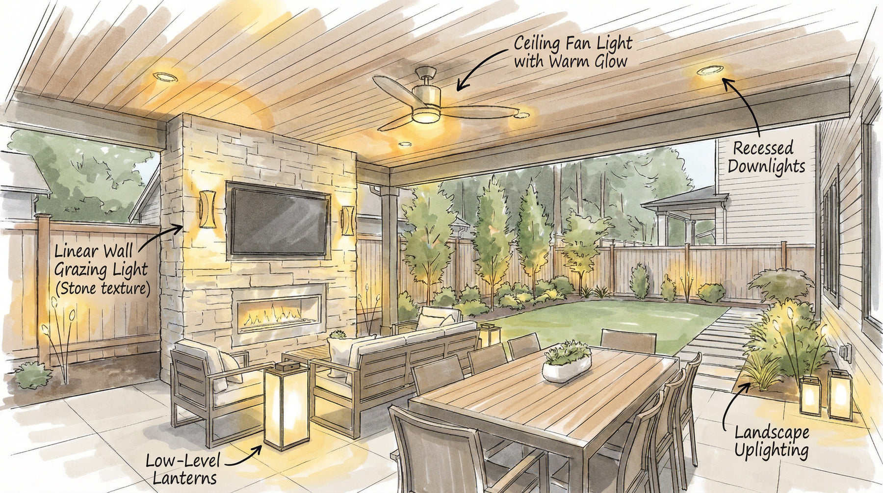 Artistic sketch illustrating a layered patio lighting layout with warm ceiling fan illumination, recessed downlights, and stone wall grazing fixtures.