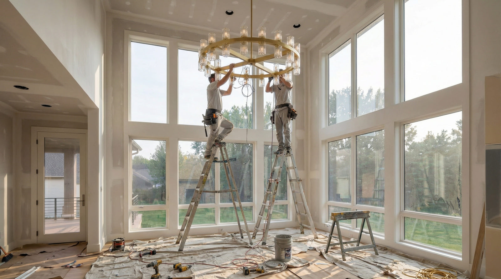 Professional electricians on step ladders performing a large luxury chandelier installation in a high-ceiling living room with massive windows.