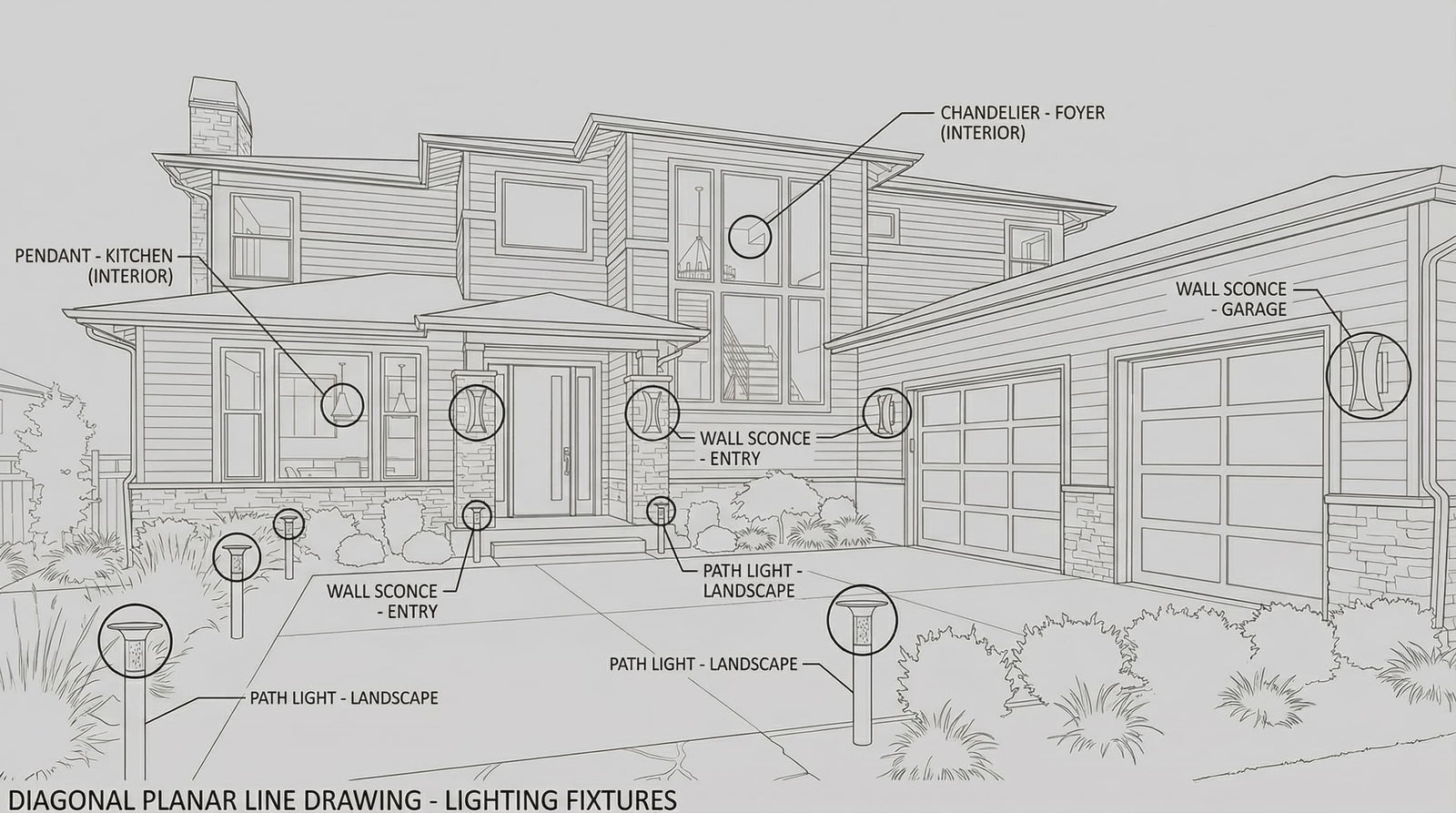 Exterior line drawing of a two-story house showcasing a complete landscape lighting layout with path lights and wall sconces.