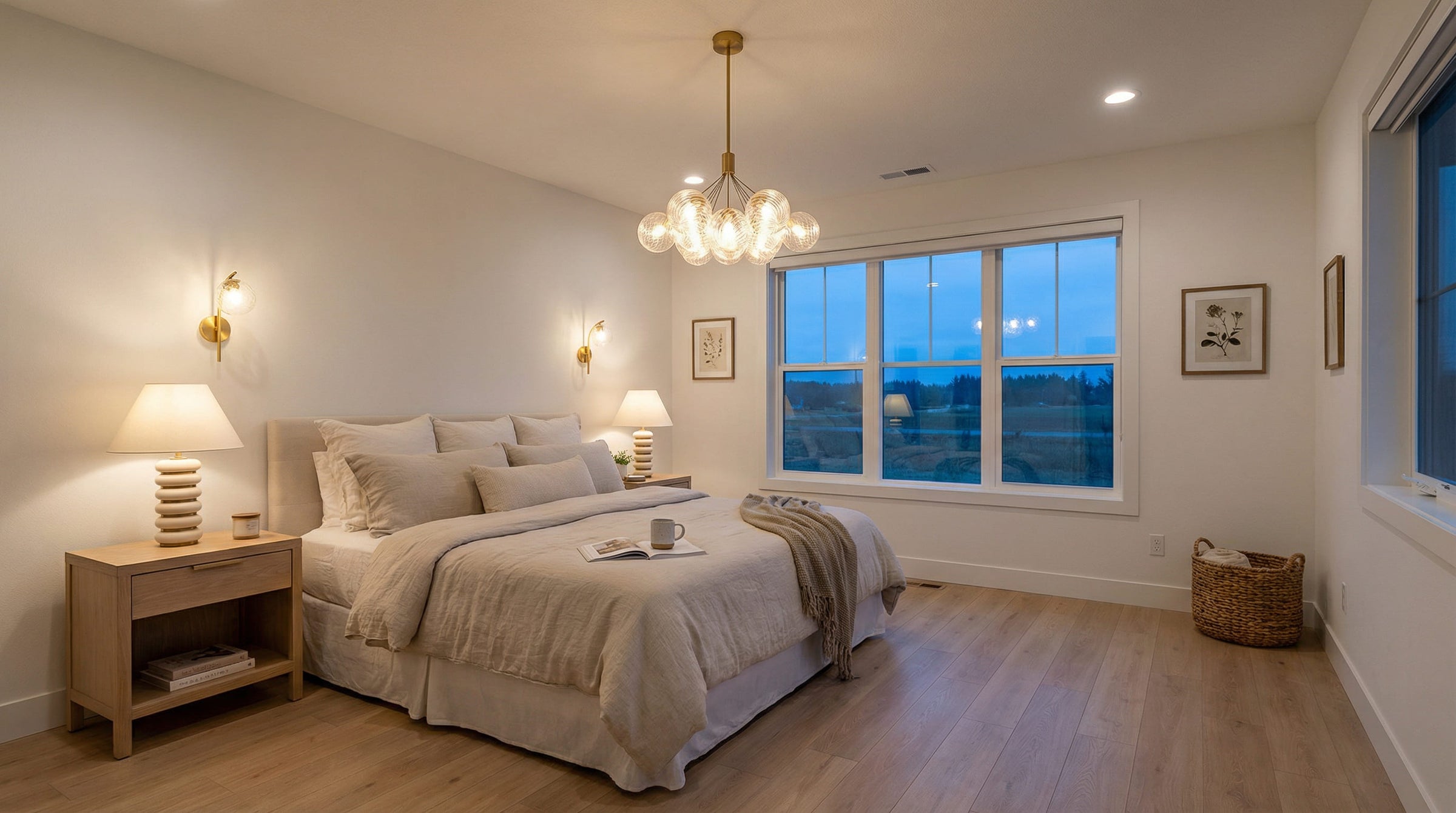 Cozy and elegant master bedroom lighting featuring a modern glass globe chandelier, bedside table lamps, and sleek wall sconces.