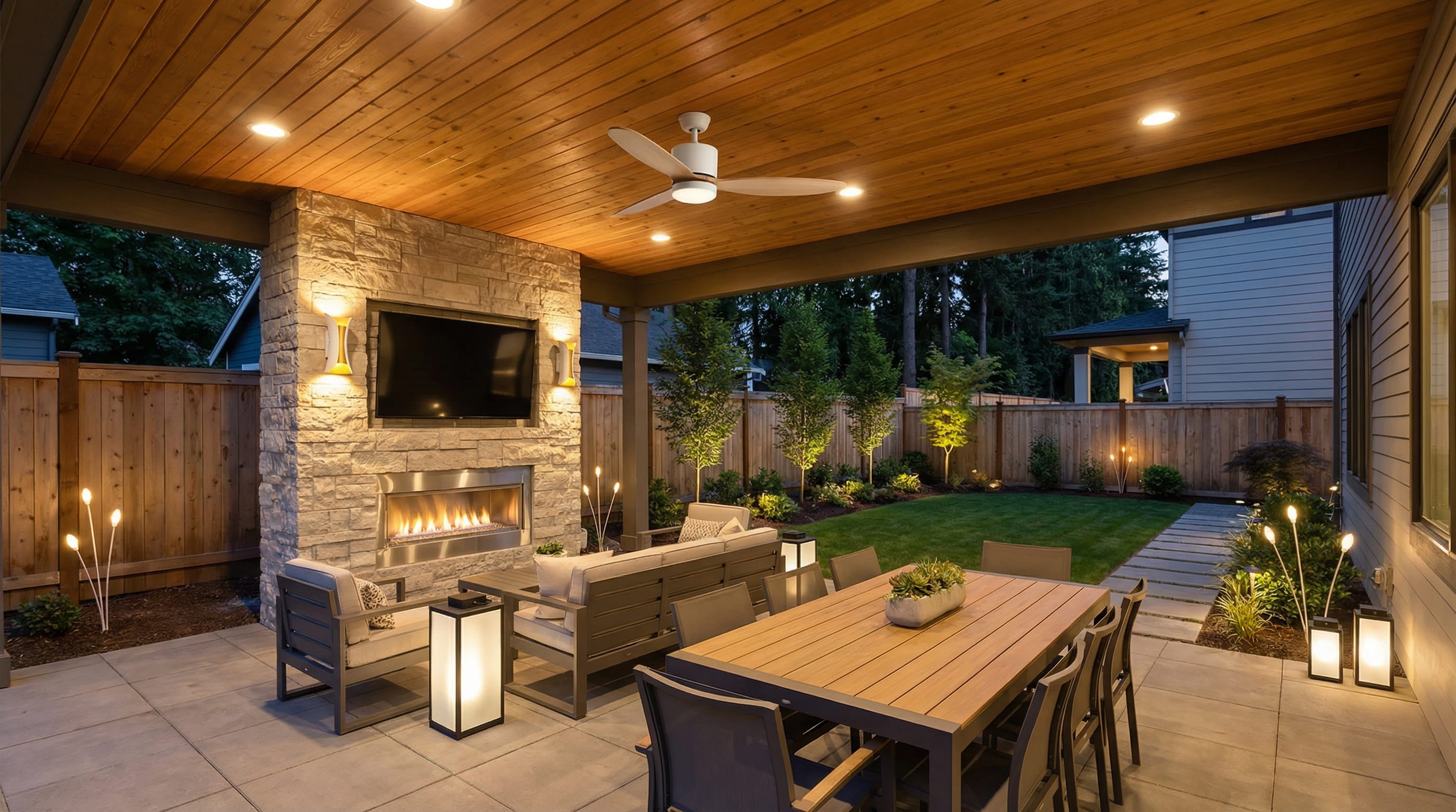 Modern backyard deck with a stylish patio ceiling fan with light installed under a wooden roof.