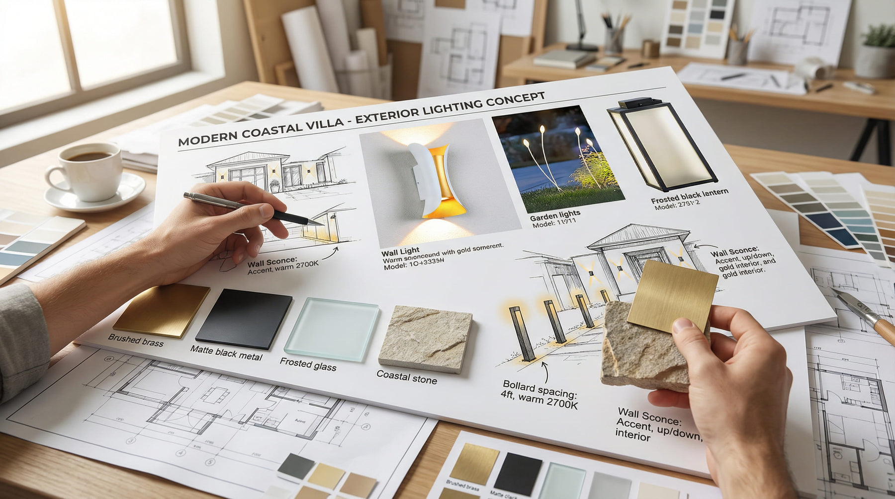 Designer reviewing a modern coastal villa exterior lighting concept board with architectural sketches and material samples.