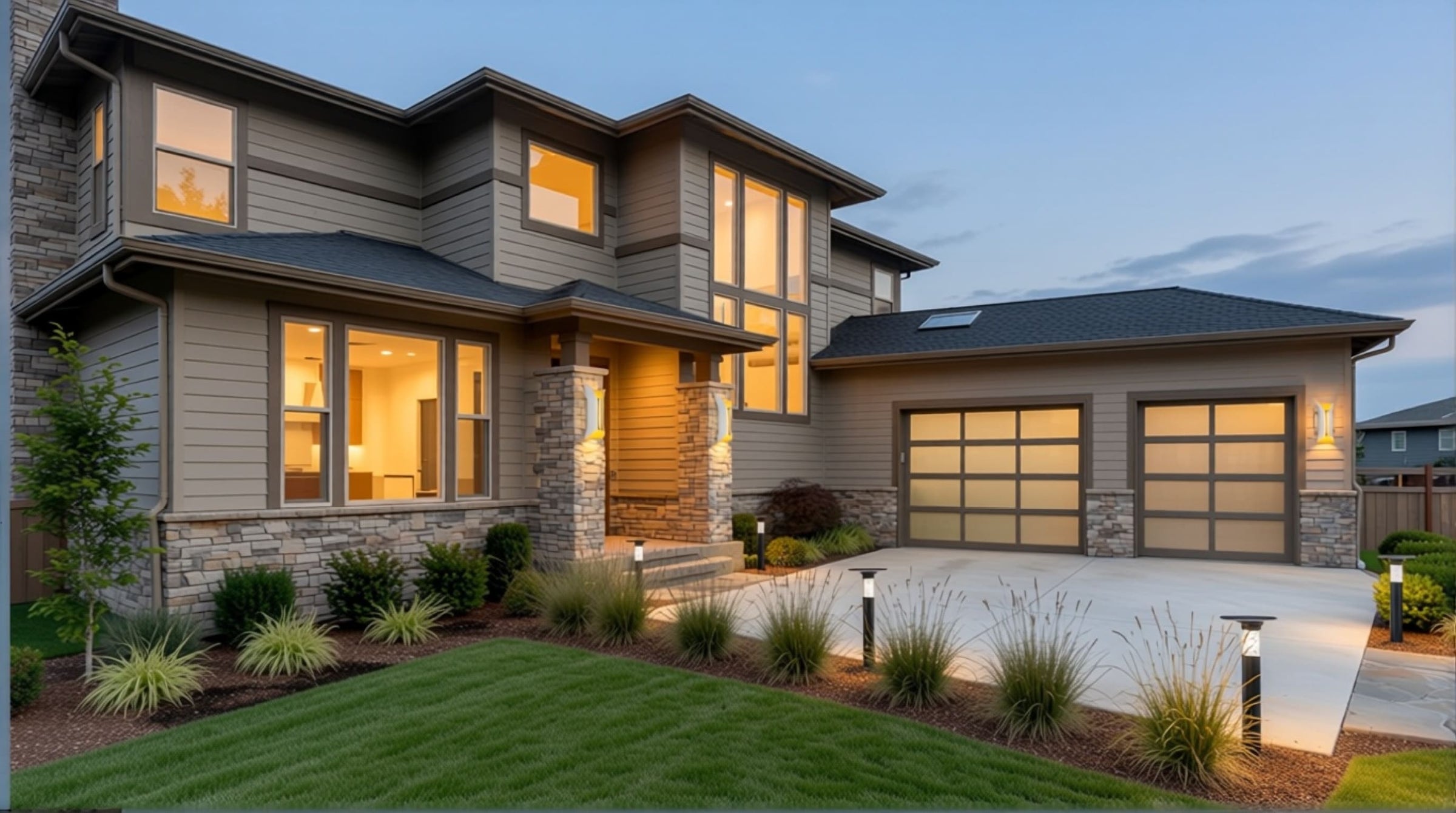 Contemporary house exterior at dusk showcasing elegant landscape lights installed along the front garden bed and concrete driveway.