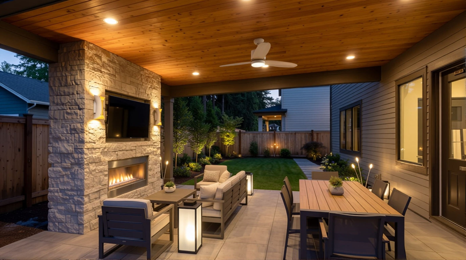 Cozy outdoor living space with elegant patio lighting featuring a stone fireplace, recessed ceiling lights, and glowing floor lanterns.