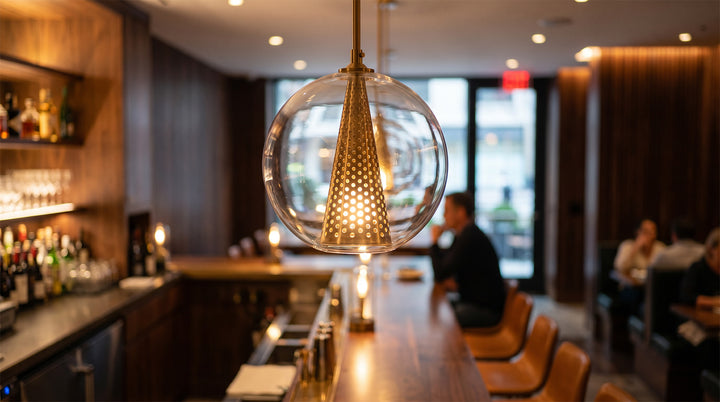 Unique glass ball pendant lights with a gold perforated cone core in a warm modern kitchen.