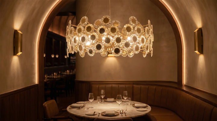 Gold modern chandelier illuminating formal dining room with marble table and city skyline views through floor-to-ceiling windows