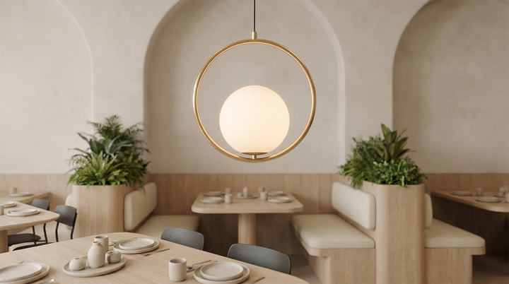 Elegant minimalist hanging lamp with a gold ring and glass globe over a modern kitchen island.