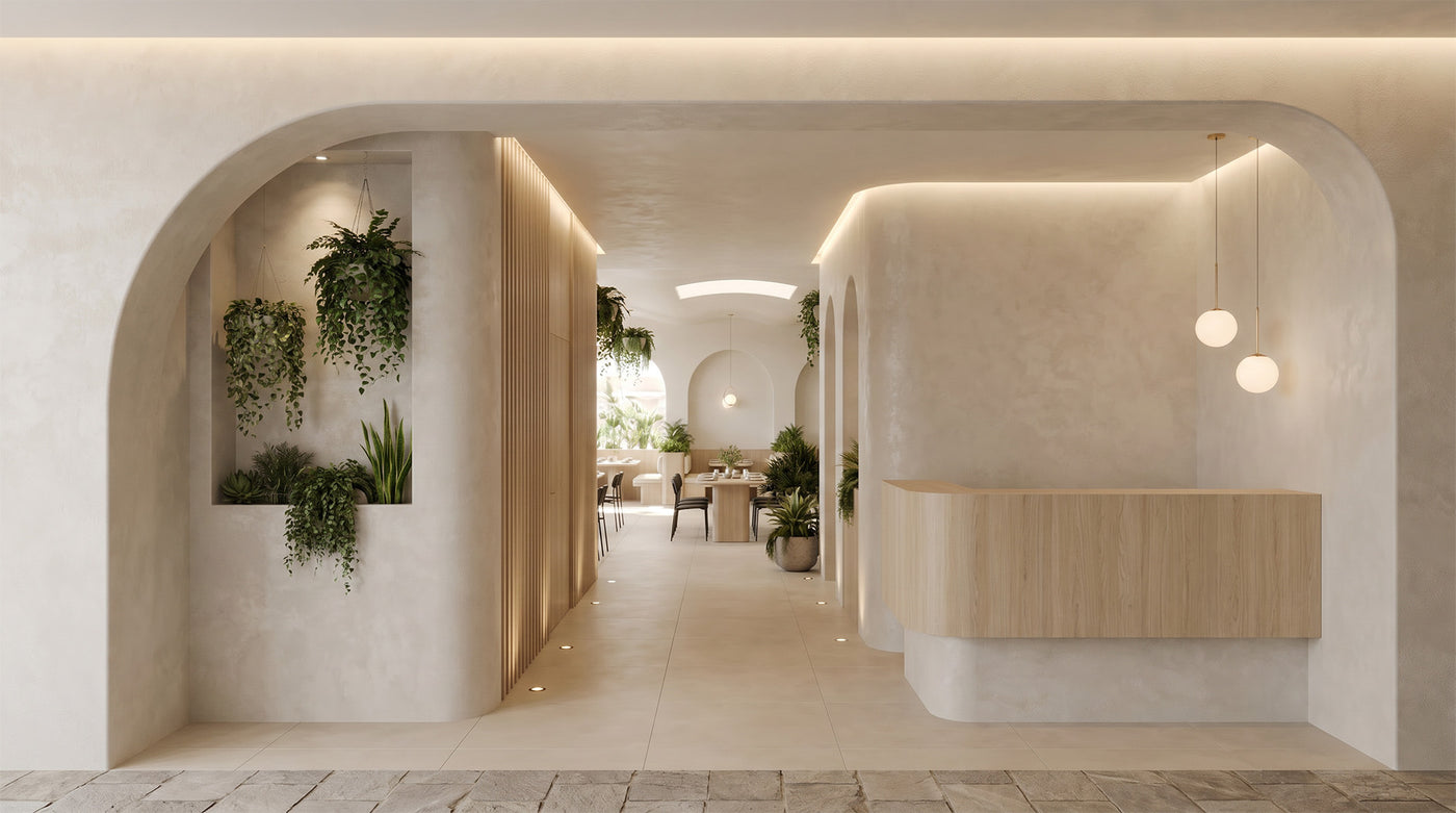 Warm café interior with decorative pendant lighting