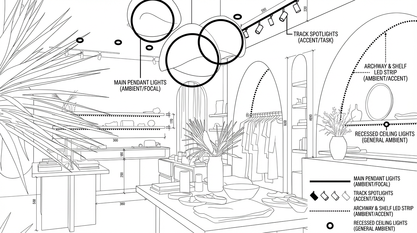 Boutique lighting layout image showing decorative pendants and clear customer movement paths