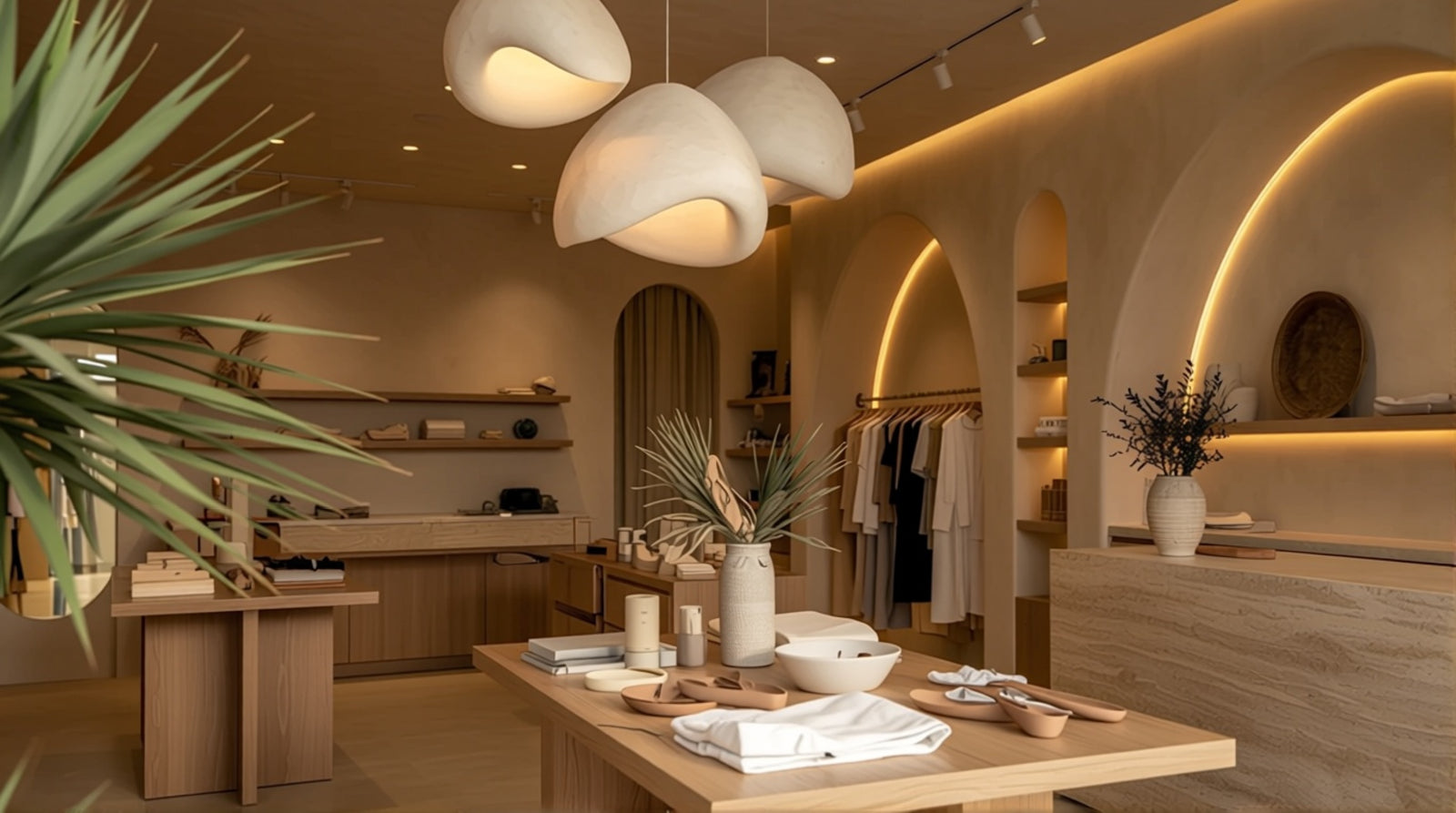 Boutique display lighting scene with warm pendants, showing practical illumination for premium merchandise