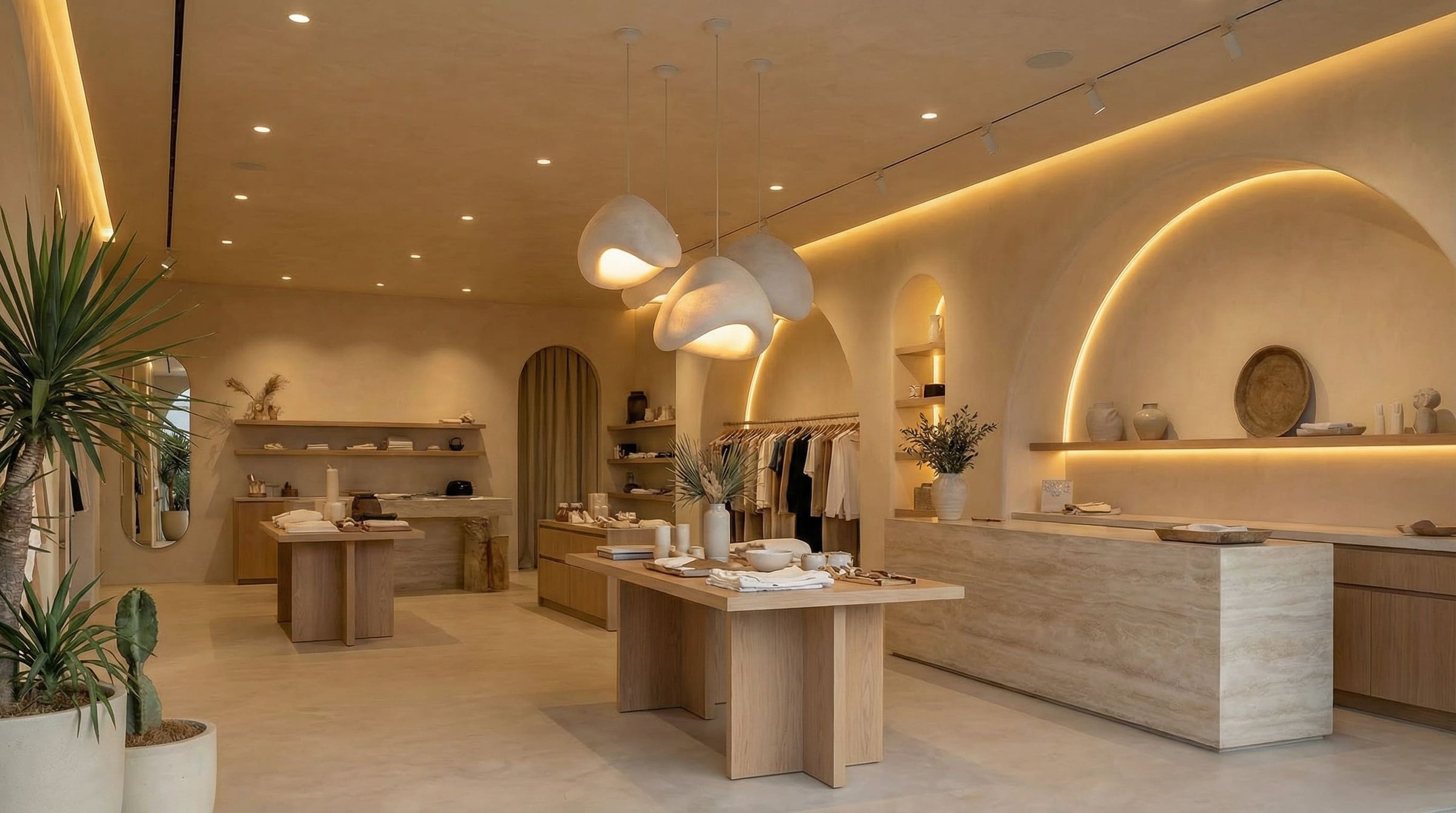 Retail lighting project view with pendants centered over merchandise, improving visual hierarchy for shoppers