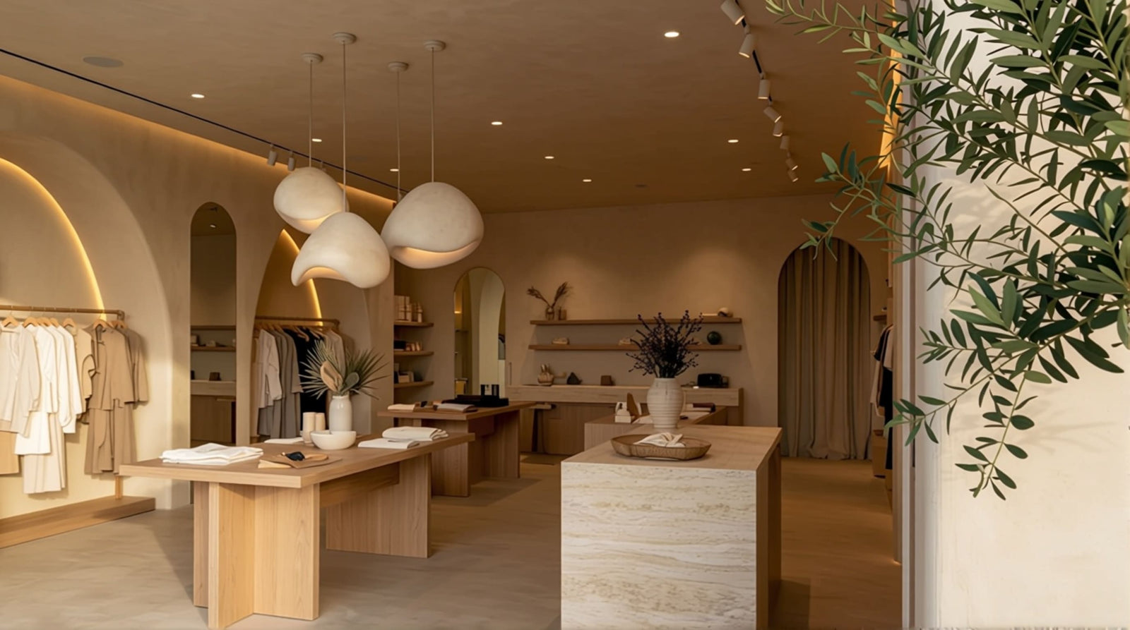 Retail interior fixture detail showing how pendant light supports product color and texture visibility