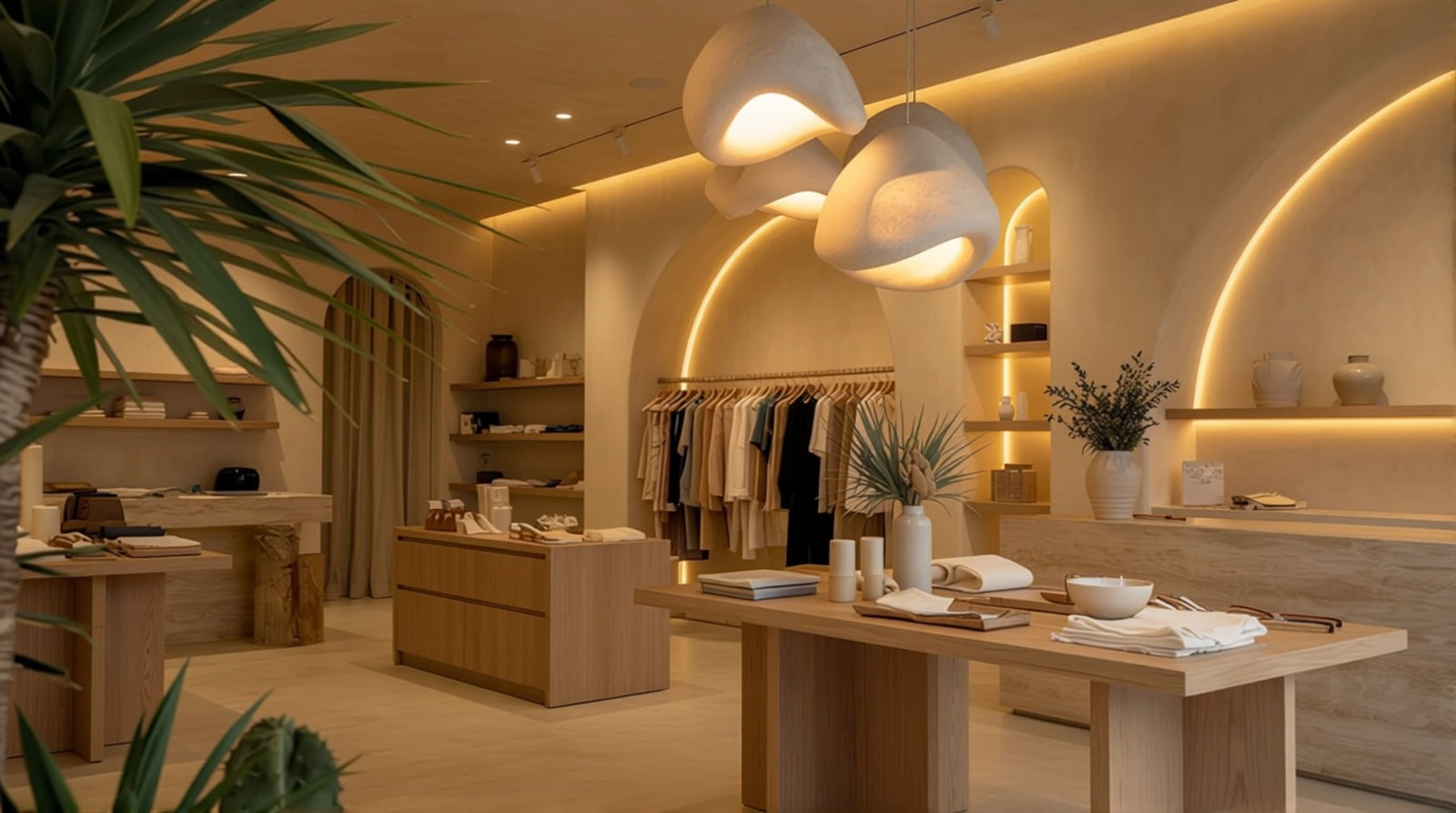  Boutique interior with decorative pendants, showing how fixtures frame product zones without crowding displays