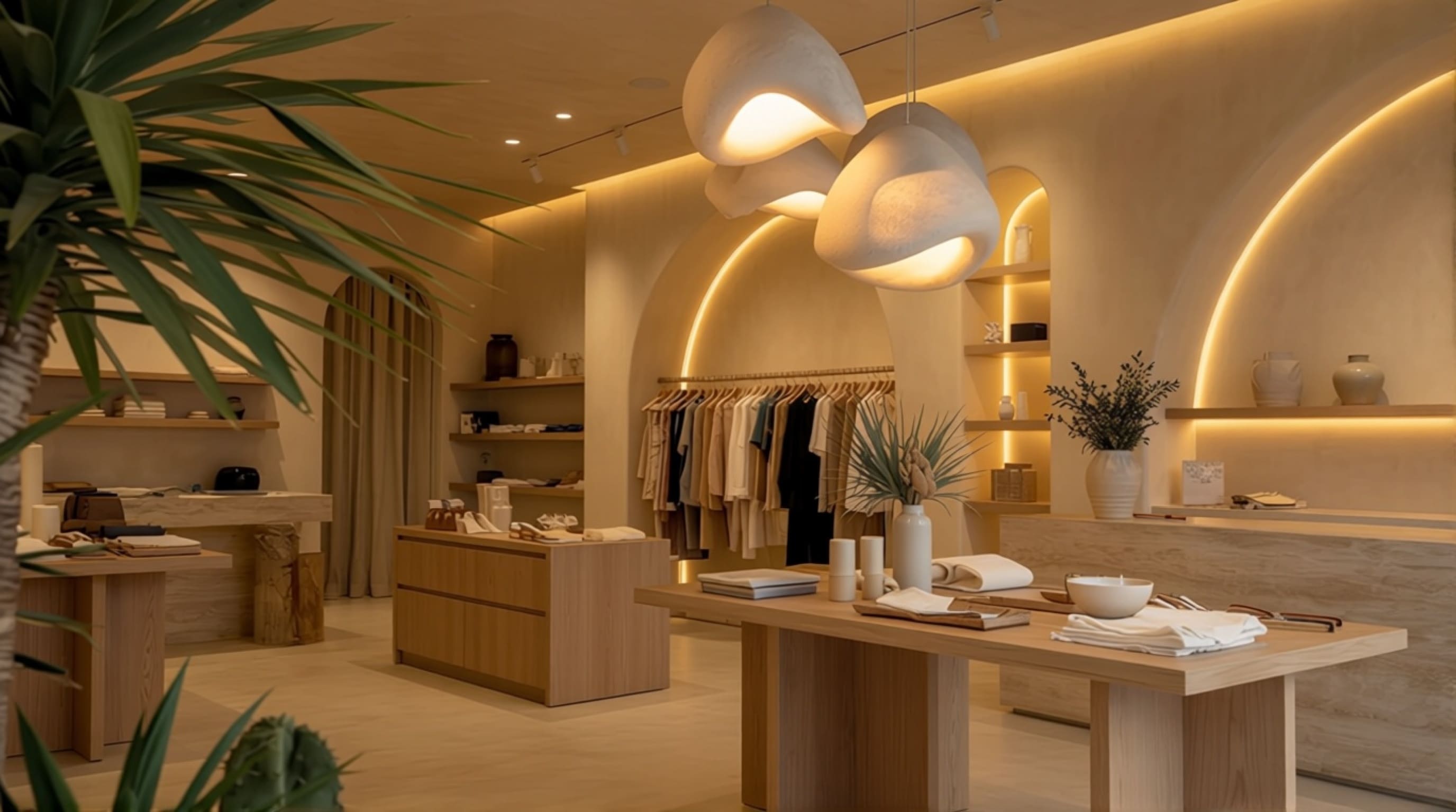  Boutique interior with decorative pendants, showing how fixtures frame product zones without crowding displays
