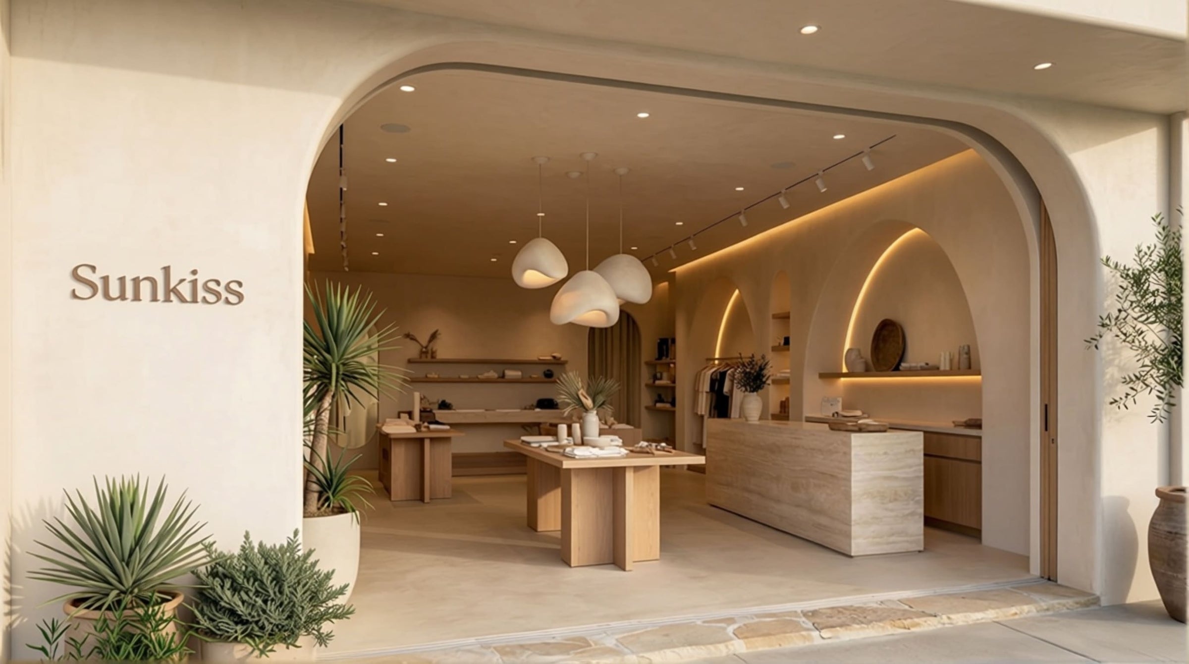 Retail pendant lighting angle showing scale over shelves, tables, and circulation areas