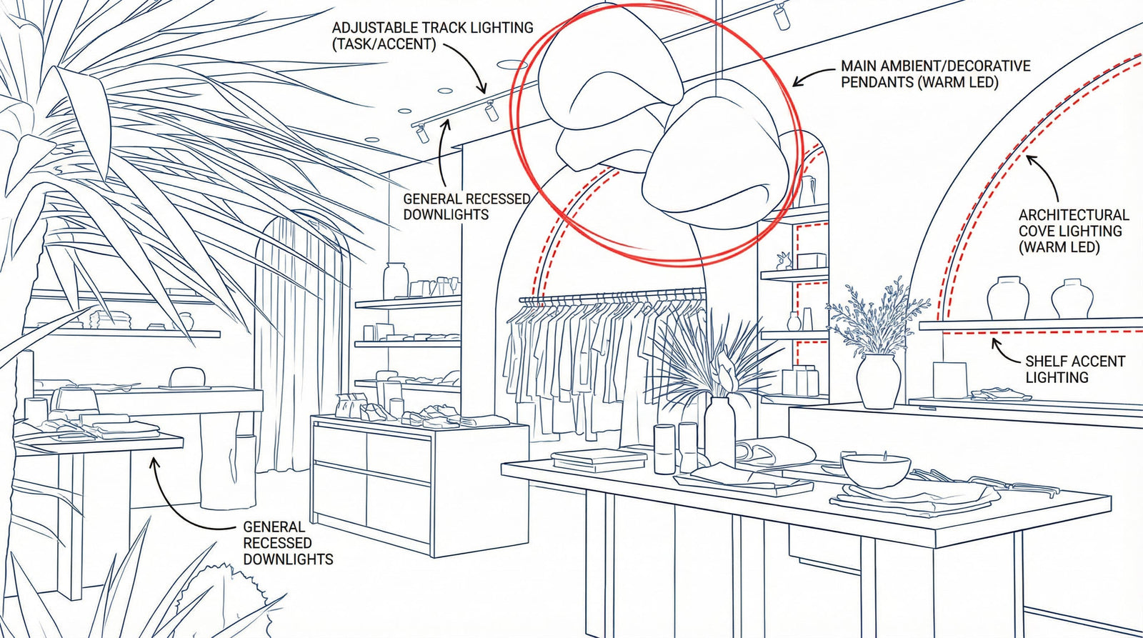 Commercial boutique lighting scene showing pendant height and spacing across display areas