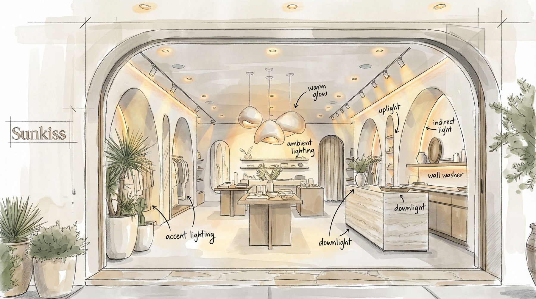Sketch illustration of a boutique store layout showing retail lighting design strategy including ambient, accent, uplight, and downlight concepts.