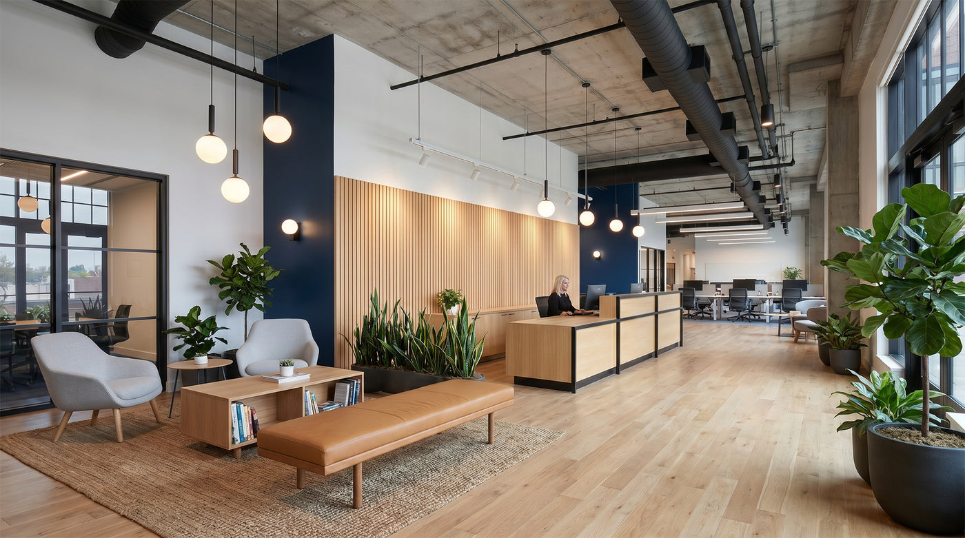 Warm café interior with decorative pendant lighting
